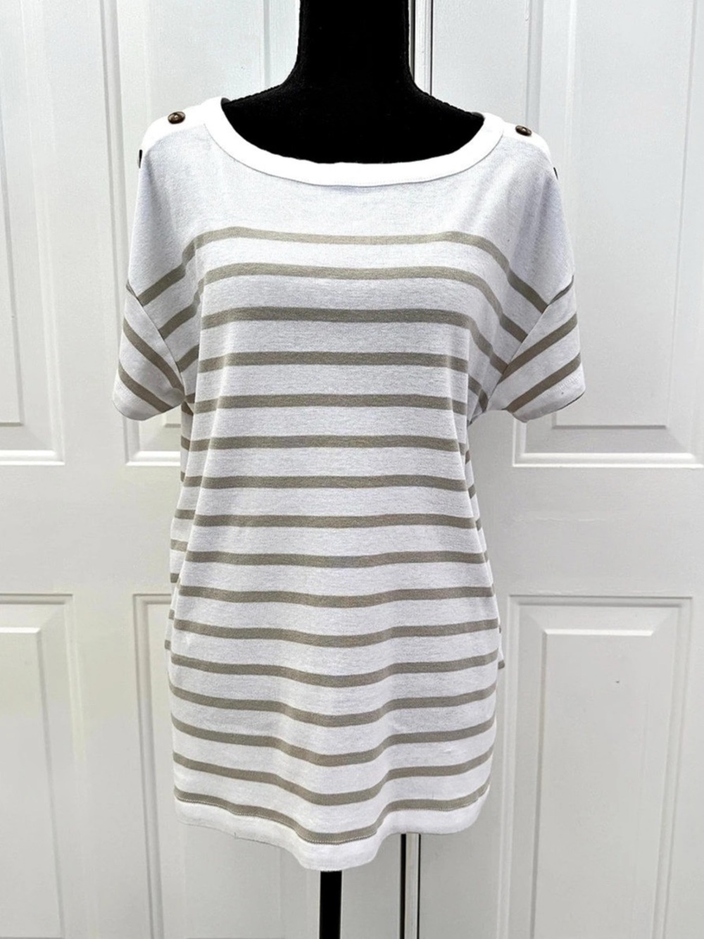 Style&Co. Striped Pima Cotton Tee in White & Beige Size 2X
